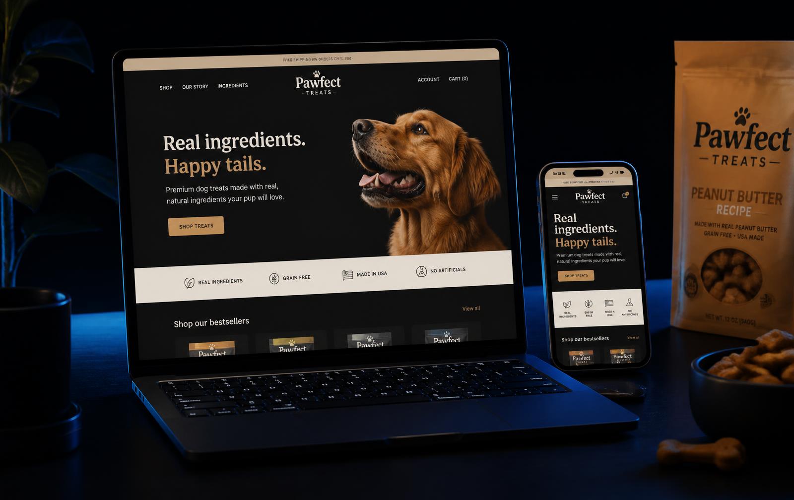 Pawlicious Treats website shown on a laptop and phone beside treat packaging